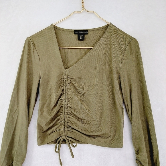 House of Harlow 1960 Green Scrunch Front Ruched Sleeve Crop Top Blouse P5015 - Picture 2 of 8